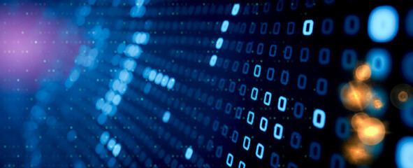 Abstract technology background with blue binary numbers and light particles, symbolizing secure data transfer in cyber network, modern digital age concept with flowing bits pattern on dark backdrop