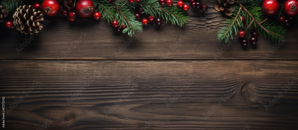 Aufkleber top view of a festive dark wooden background adorned with christmas and new year decorations includi