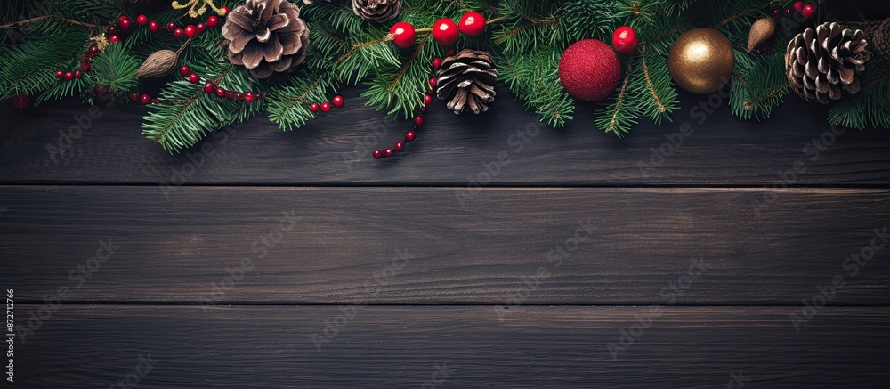 Poster top view of a festive dark wooden background adorned with christmas and new year decorations includi