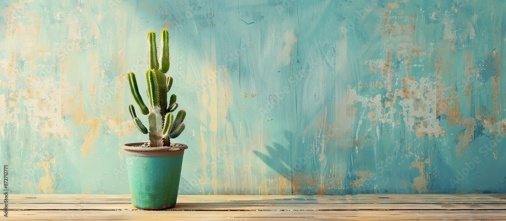 Aufkleber cactus on the table, cactus on vintage wood background t pastel background. with copy space image. p