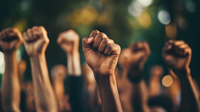Raised Fists of Unity and Strength Against Sunlight