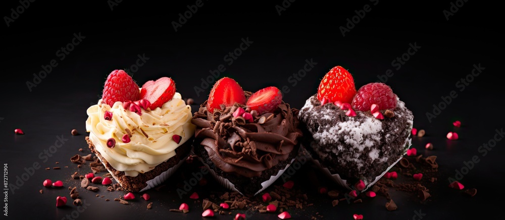 Leinwandbilder three heart-shaped desserts on a dark background with a blank space for additional images or text.
