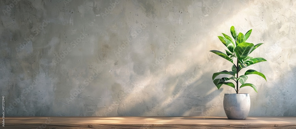 Fototapete small plant placed on a wooden table with a blank wall in the background providing a neat backdrop w