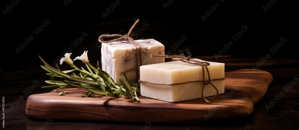 Poster low light ambiance highlights handmade vegan soap in image with blank copy space for added appeal.