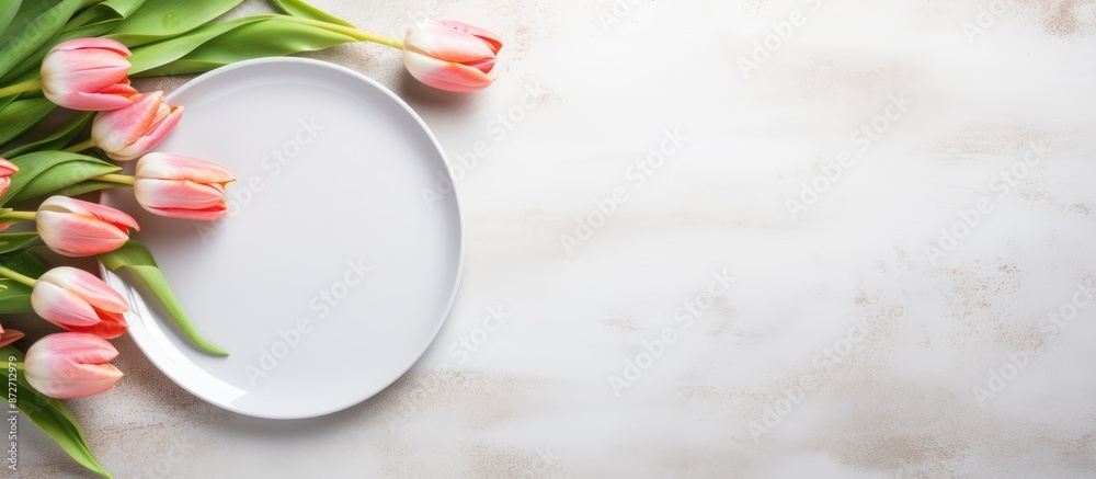 Aufkleber a white plate with cutlery resting beside tulips on a soft grey backdrop provides ample copy space i