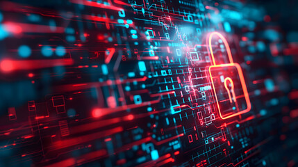 Cybersecurity Concept with Digital Padlock and Data Streams