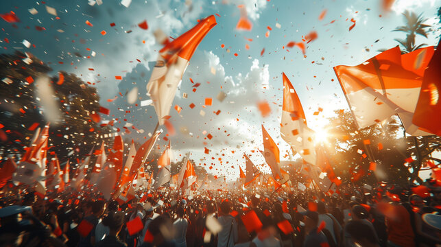 Background Kemerdekaan Indonesia, Photorealism of Indonesian Independence day, Indonesian, celebrating, smiling, Red and White dominant, confettis, red and white flags, perayaan 17 Augustus