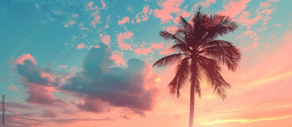 Poster silhouette of a tropical palm tree against a sunset sky with abstract clouds. represents summer vaca