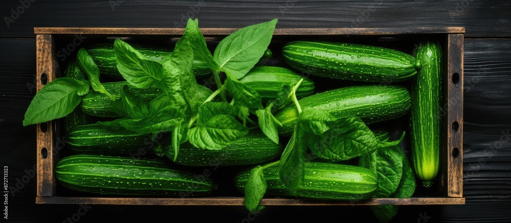 Poster top view of fresh green zucchinis arranged in a wooden box on a black background, perfect for adding