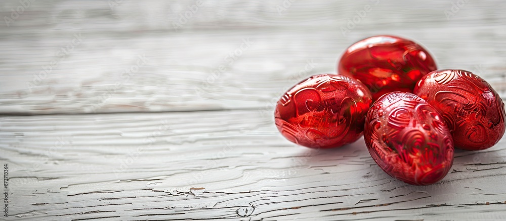 Poster Easter eggs wrapped in red foil displayed on a white wooden table with copy space image.