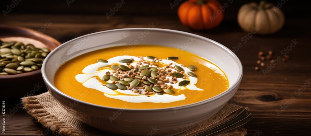 Poster a white plate holds homemade pumpkin soup topped with cream and seeds on a brown rustic wooden surfa
