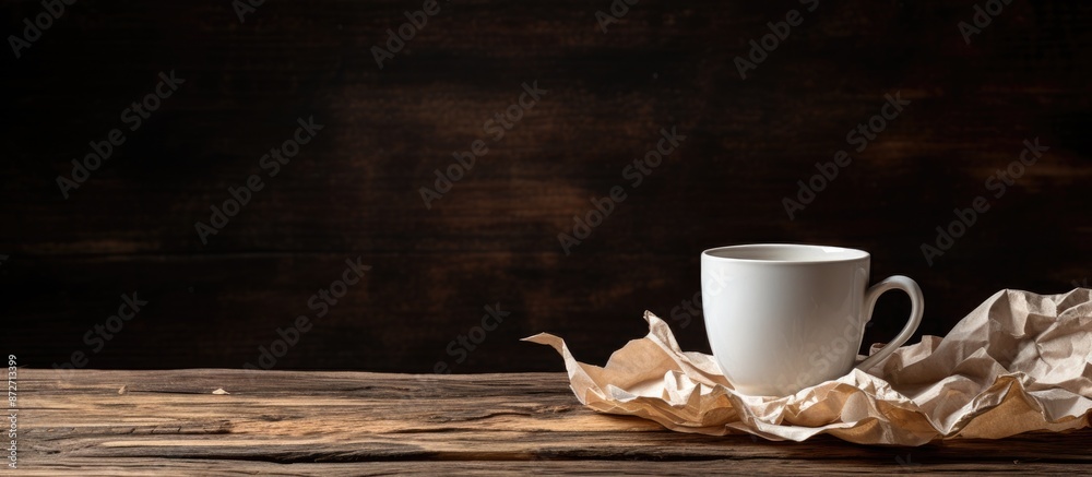 Poster Crumpled paper and a coffee cup on a wooden background create a rustic scene with a designated copy space image.