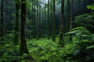 Fototapeta premium lush green forest with towering trees and ferns