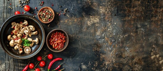 Shiitake mushroom dish displayed on rustic table with copy space image for background in a top-down view.