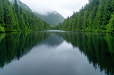 serene mountain lake surrounded by lush evergreen forest