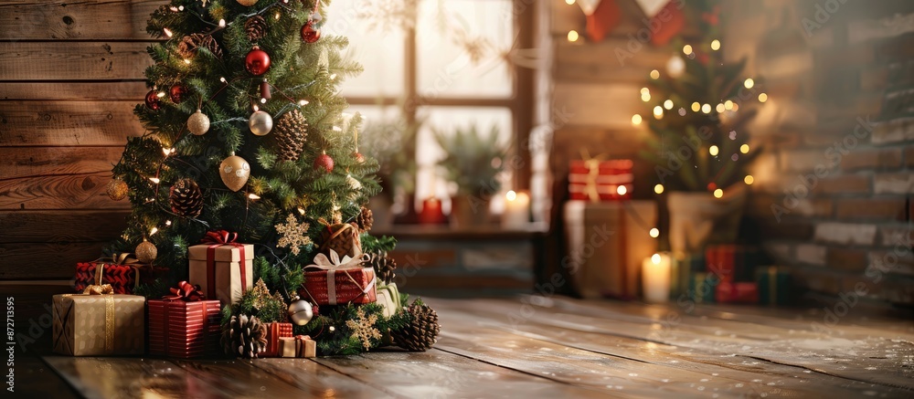 Poster Christmas tree with wooden rustic decorations and presents under it in loft interior. with copy space image. Place for adding text or design