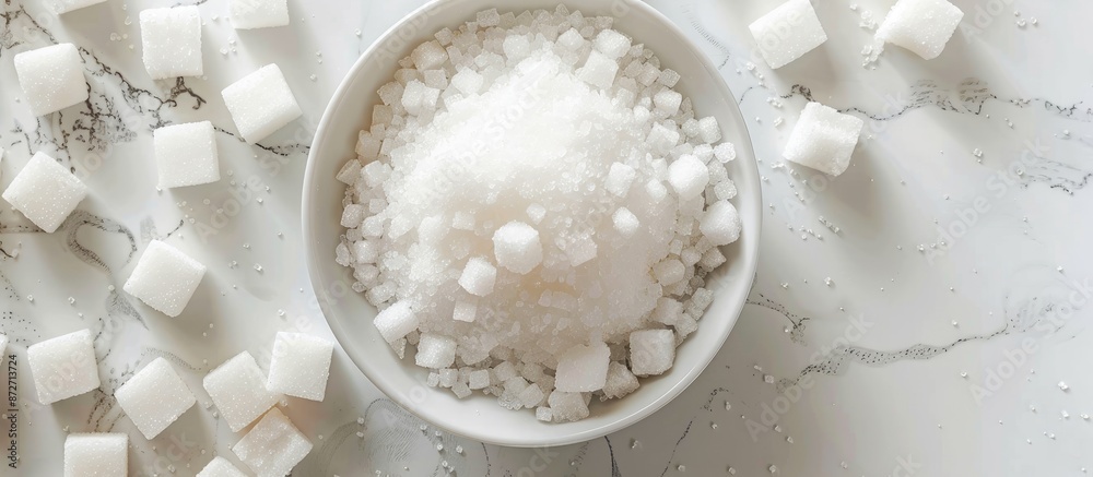 Poster Granulated sugar and sugar cubes in a bowl on a white background with copy space image.