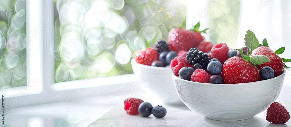 Poster a summer-themed image featuring freshly picked berries in bowls on a white table evoking thoughts of