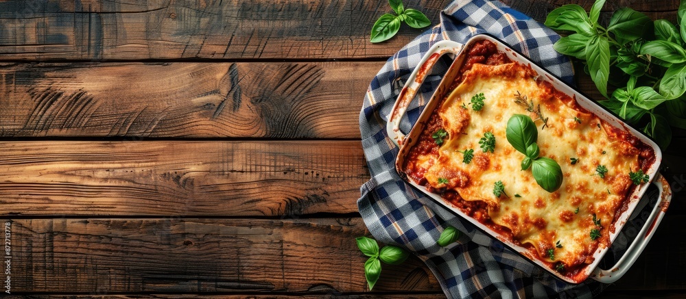 Leinwandbilder Top view of a baking dish showcasing lasagna topped with bolognese sauce and minced beef, set against a rustic wooden background with space for text or graphics. with copy space image