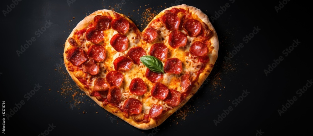 Aufkleber Valentine's Day heart-shaped pepperoni pizza on black background from top view with space for text. with copy space image. Place for adding text or design