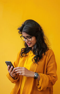 young indian woman holding smartphone on yellow background