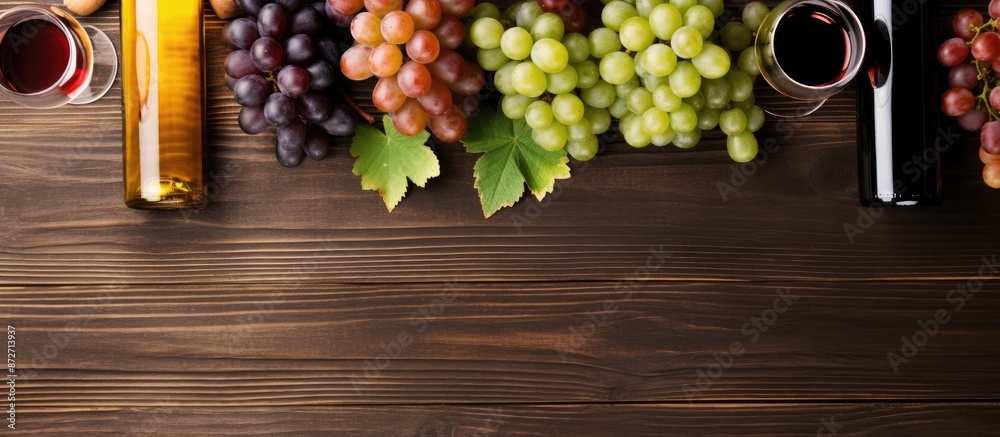 Leinwandbilder Top down view of assortment of wine bottles and grapes displayed on a rustic wooden surface, providing a blank area for text or design known as a copy space image.