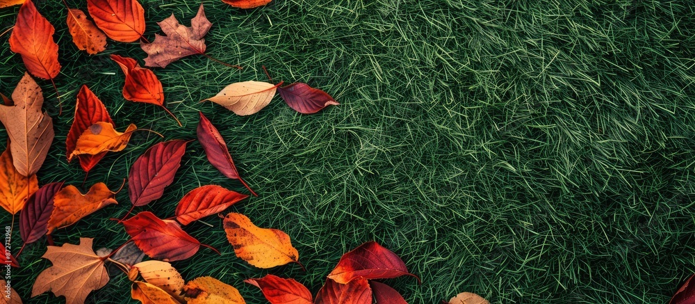 Poster Autumn leaves have fallen on fresh green grass in a top-view picture with available copy space image.