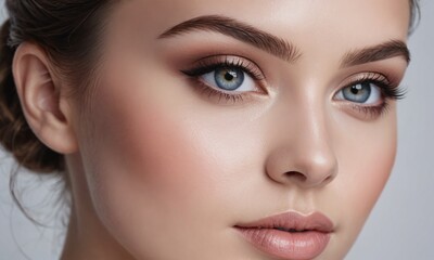 Fototapeta premium Beauty healthy skin closeup face woman natural makeup eyes and lips