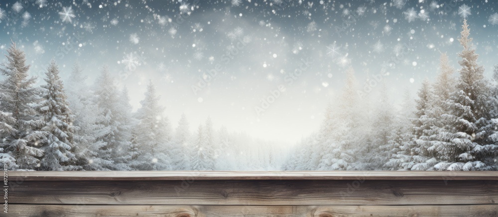 Fototapete winter holiday backdrop with a vintage wooden table in the forefront, with space for text or image i