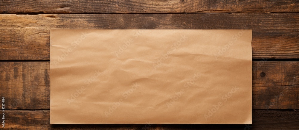 Aufkleber View from above of plain brown paper on a wooden surface with available copy space for adding text or images in a flat lay composition.