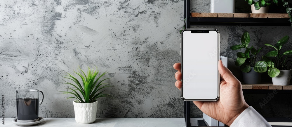Poster a man's hand holding a mobile phone with a white screen displaying a mockup image on a desk in a hom