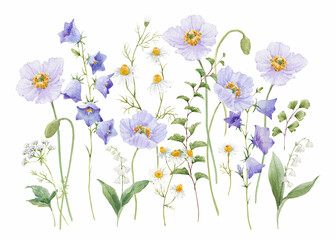 Beautiful floral illustration with gentle hand drawn watercolor bluebell and poppy flowers. Stock illustration. Realistic watercolor flower clip art.