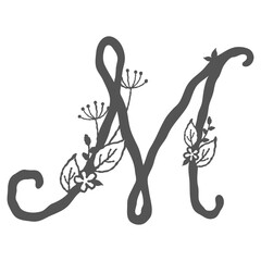 Floral decorative initial alphabet monogram design with flowers, twigs, and leaves in elegant capital word letter m