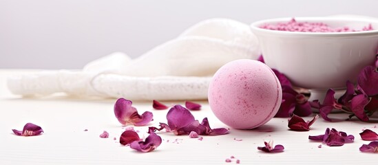 Freshen up with a bath bomb featuring a floral design, accompanied by a towel, all displayed elegantly on a white background with copy space image.