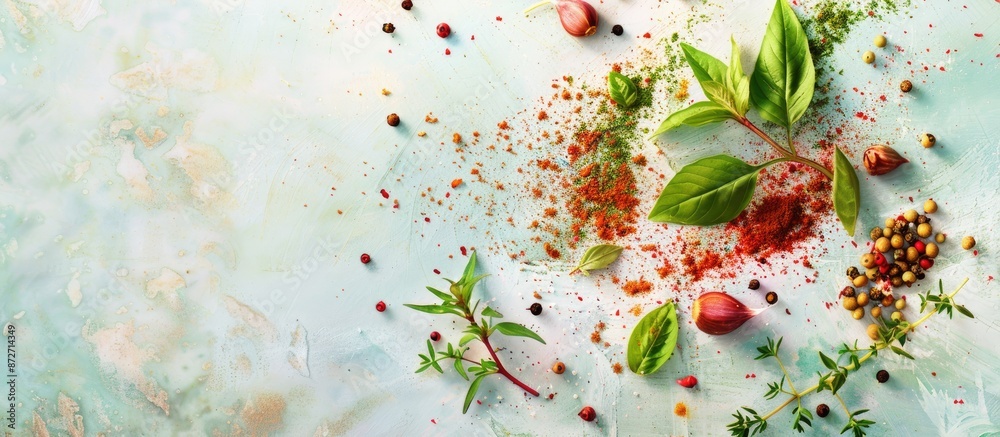 Leinwandbilder fresh spices and herbs isolated on pastel background. with copy space image. place for adding text o