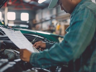 Auto repair worker checking the engine and recording observations on a checklist