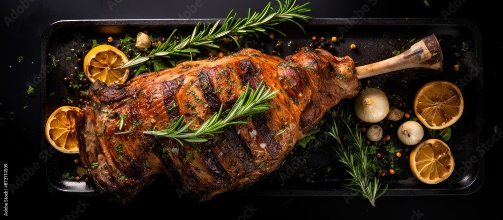 Poster top view of a whole leg of oven-roasted lamb mutton seasoned with thyme on a black background, with 