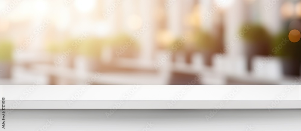 Poster empty white table with blur background for product display banner, retail store mockup, copy space i