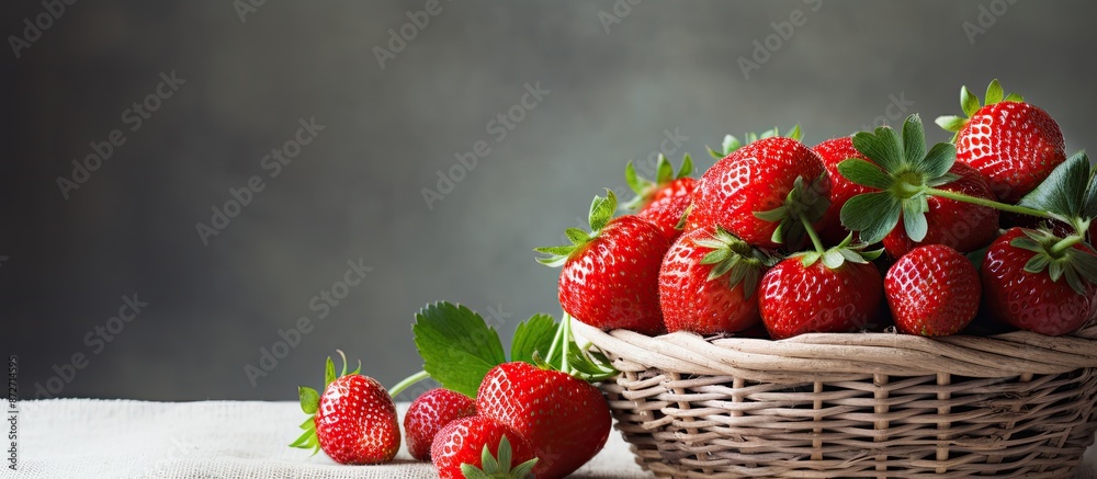 Leinwandbilder Close-up soft focus image of ripe strawberries in a white basket on a gray background with copy space image.