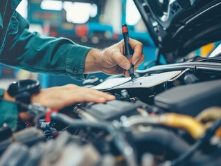 Auto repair worker examining the engine and recording observations on a clipboard