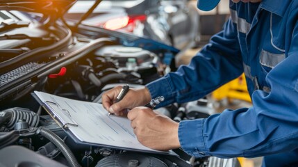 Auto repair worker examining the engine and recording observations on a clipboard