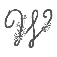 Floral decorative initial alphabet monogram design with flowers, twigs, and leaves in elegant capital word letter  w