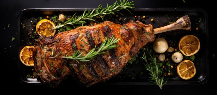 Top view of a whole leg of oven-roasted lamb mutton seasoned with thyme on a black background, with ample copy space image.