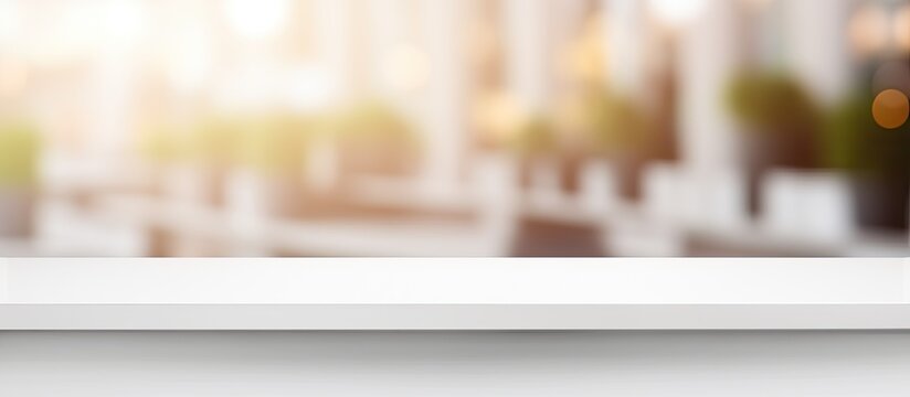 Empty white table with blur background for product display banner, retail store mockup, copy space image.