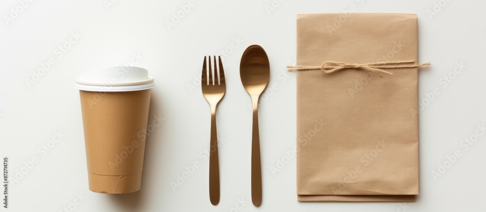 Poster Table setting with disposable items like a paper cup, spoon, and fork placed beside a brown paper bag, label, and notebook on a white background with a pattern for inclusions of a copy space image.