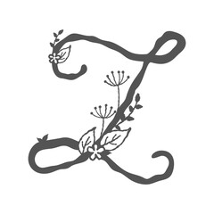 Floral decorative initial alphabet monogram design with flowers, twigs, and leaves in elegant capital word letter z