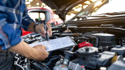 Automotive technician examining the engine bay and recording findings on a clipboard