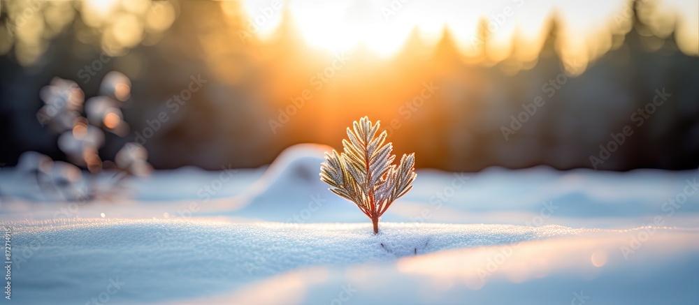 Poster Snow-covered pine sapling in a sunlit forest with a backdrop for copy space image.