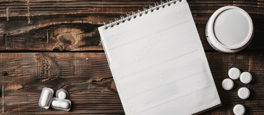 Poster A notepad with a white sheet on a checkered surface and pills in a blister, set against a backdrop of wooden boards, creates a unique copy space image.