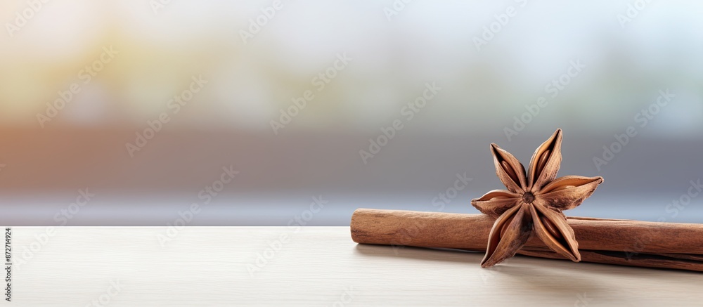 Poster a white star and a cinnamon stick rest on a wooden table with copy space image available.